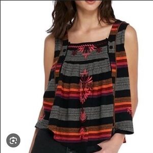 Free People Black and Pink Striped Embroidered Tank Top